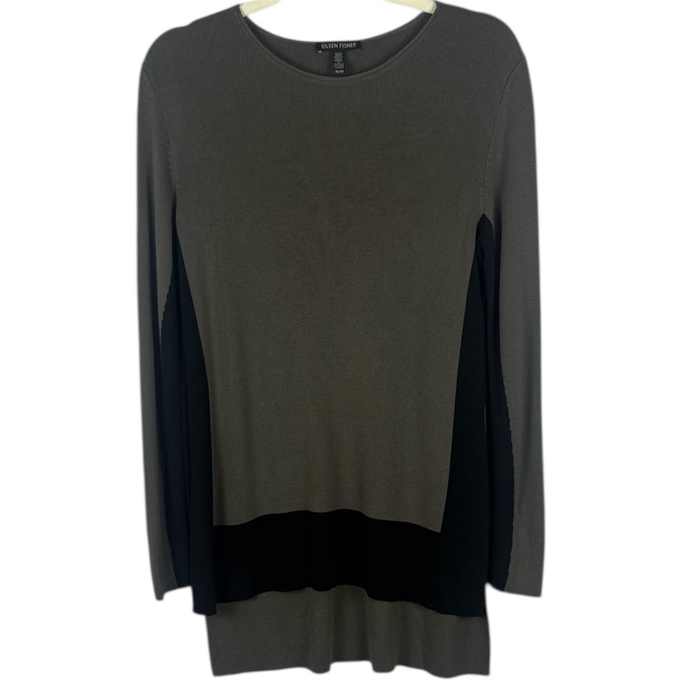 Eileen Fisher Classy Neutral Minimalist Ribbed Black Gray Knit Top Size XS